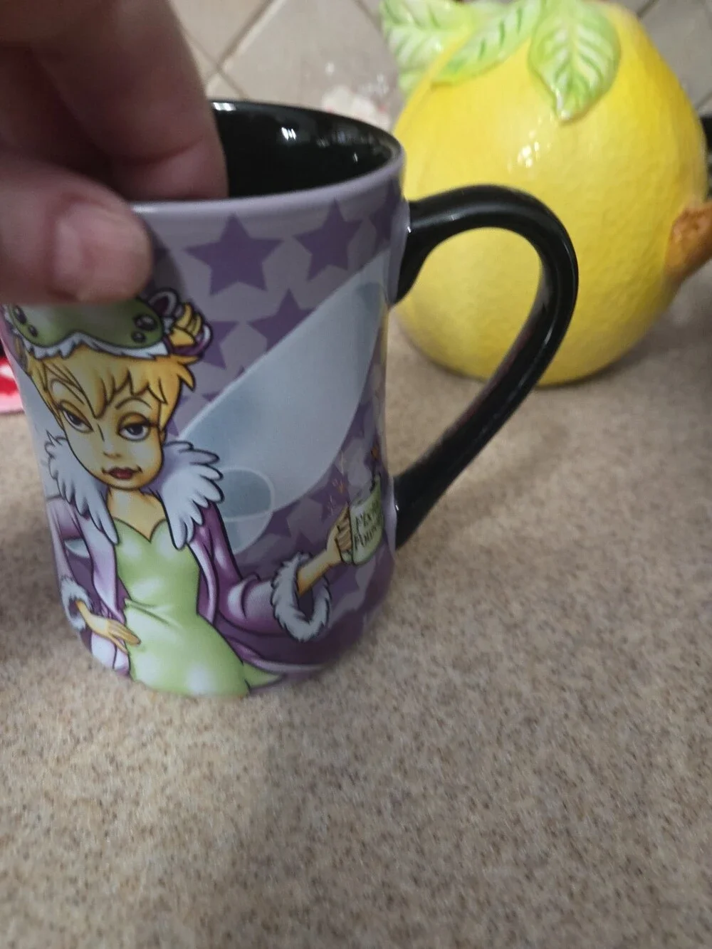 Disney Tinker Bell Mug Purple Stars Black Handle Used